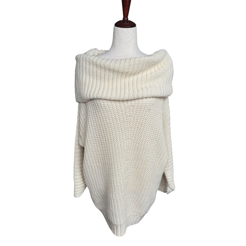 Umgee Chunky Rib Knit Cowl Boat Neck Drop Shoulder Sweater Dress Tunic S Cream